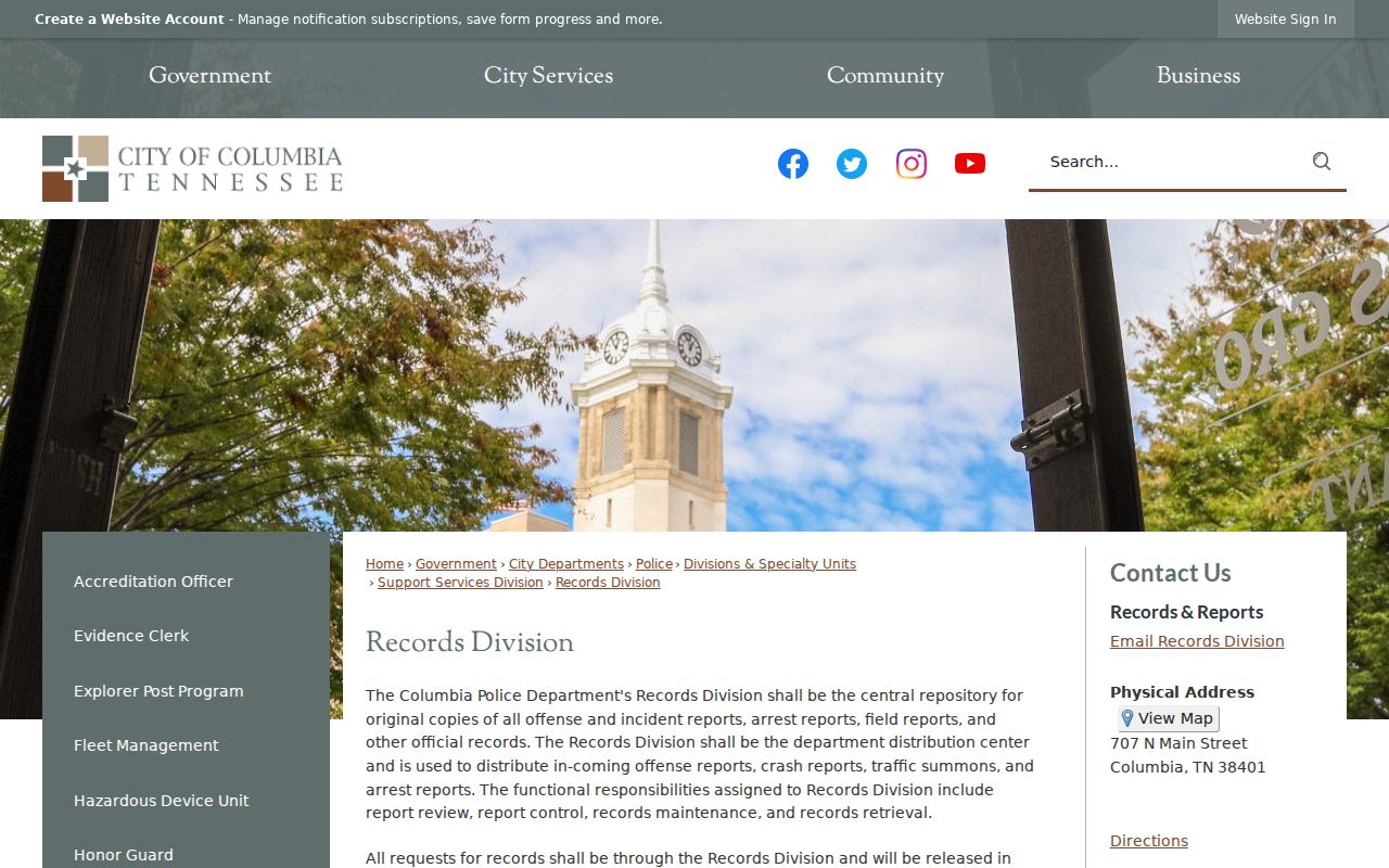 Columbia Police Records Division official information page