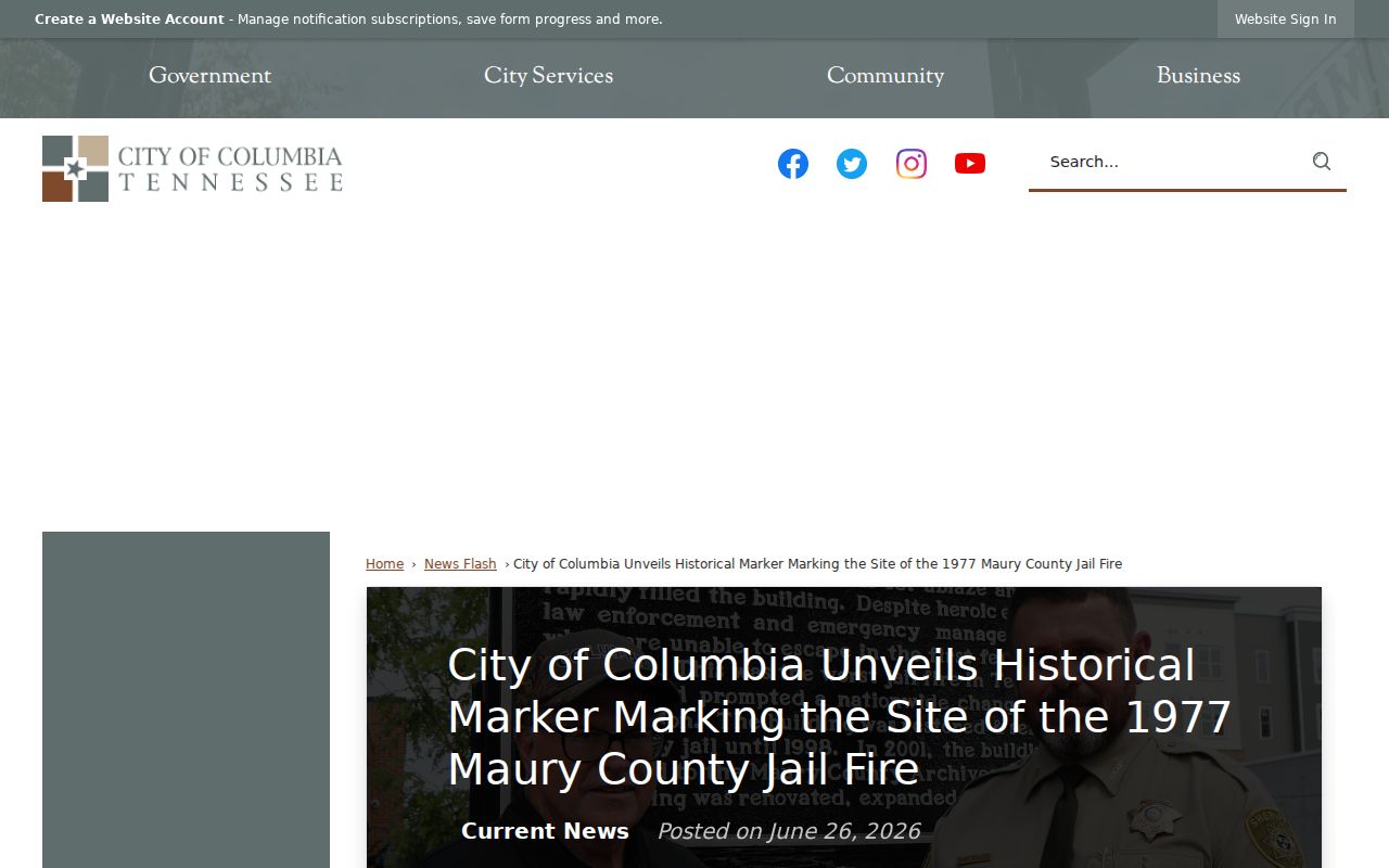Columbia historical marker for the 1977 Maury County jail fire
