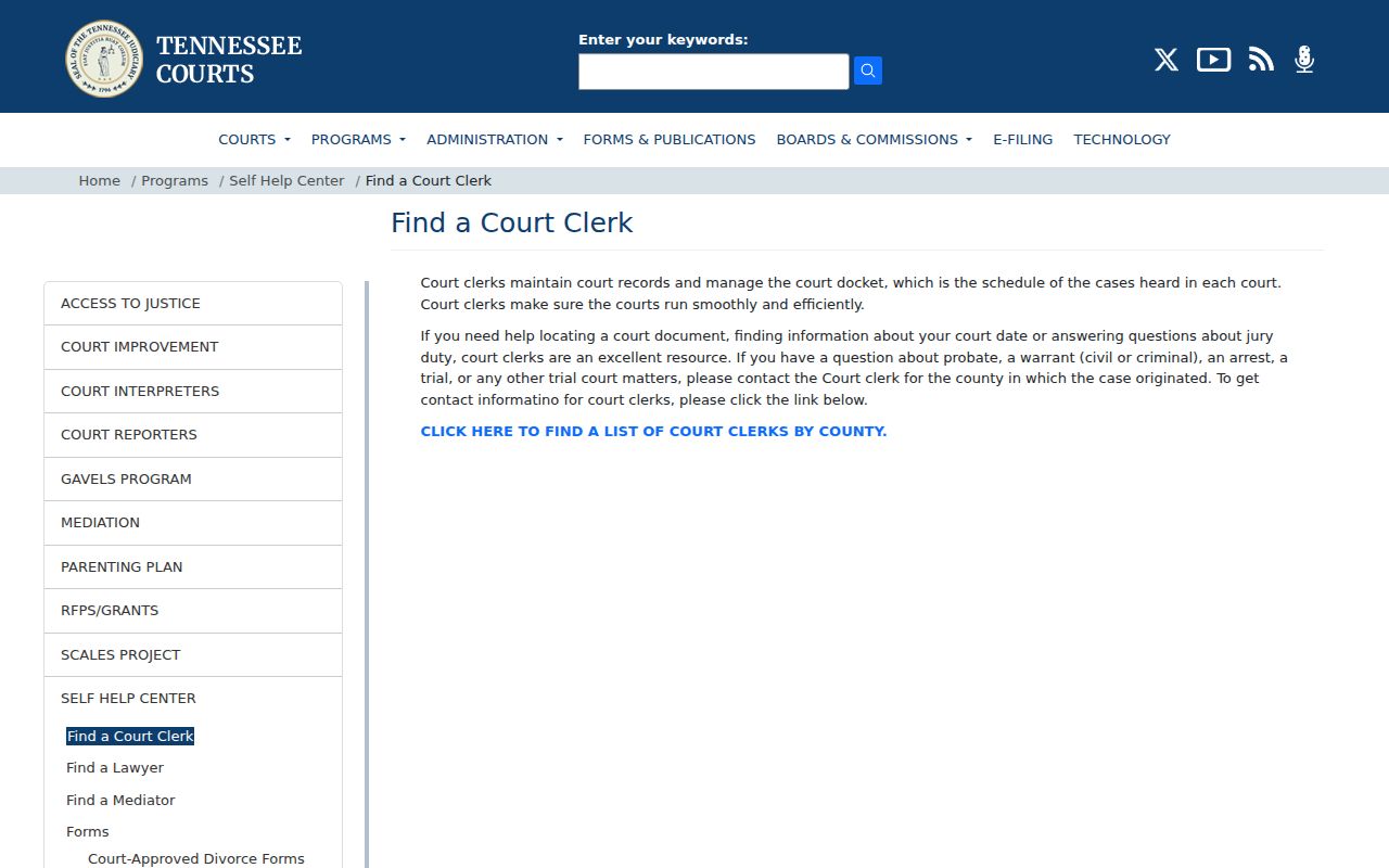 Tennessee court clerk finder for locating trial court record custodians