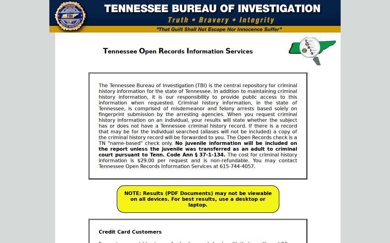 TORIS Tennessee name-based criminal history search page used for Maury County checks