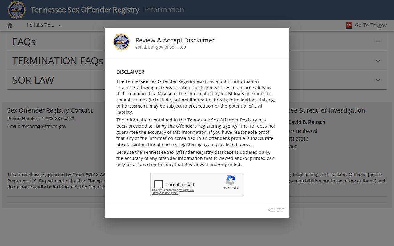 Maury County sex offender registry information and warning screen