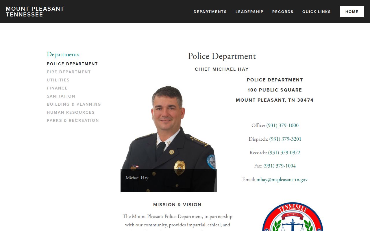 Mount Pleasant Police Department official contact page